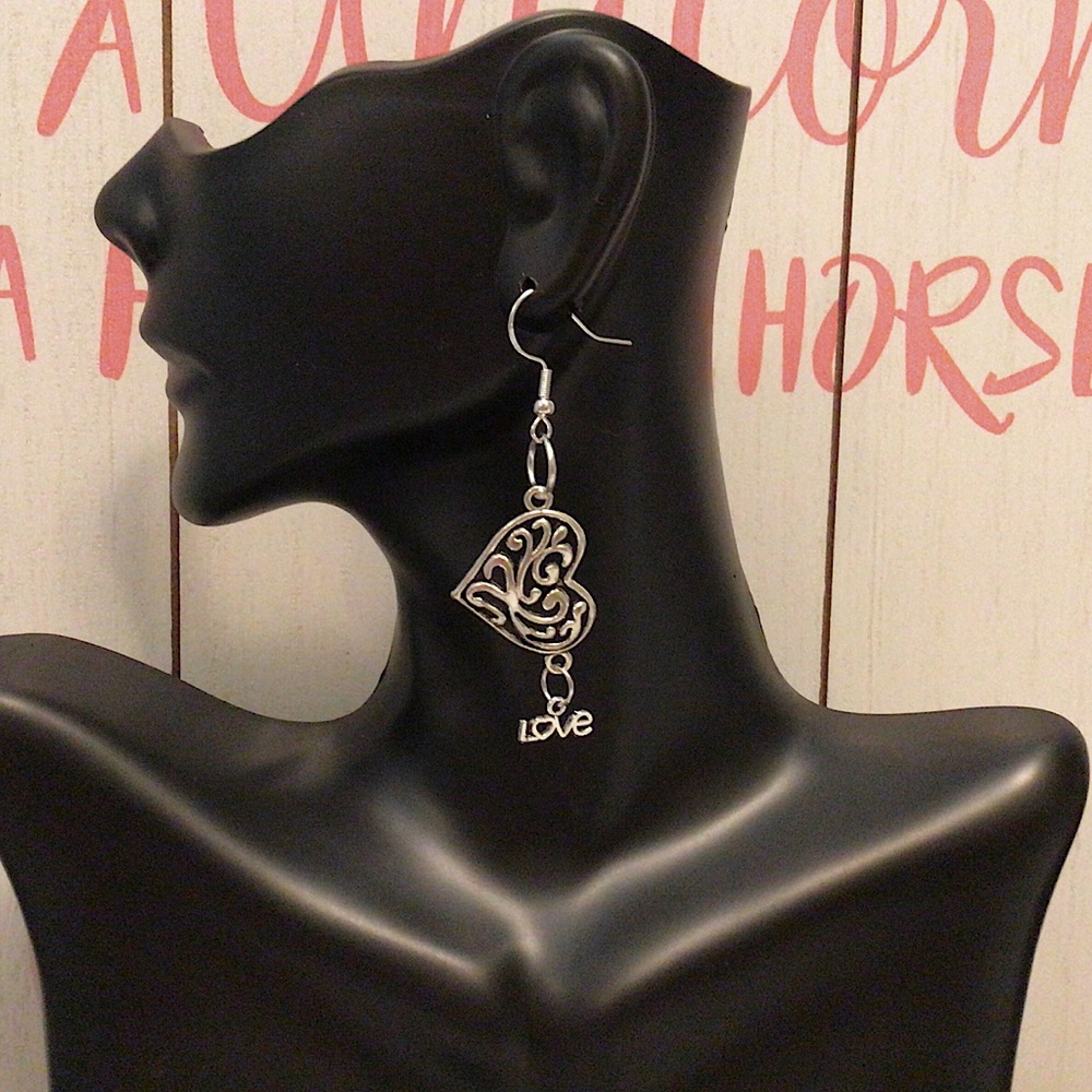 925 silver heart LOVE dangle earrings handmade new